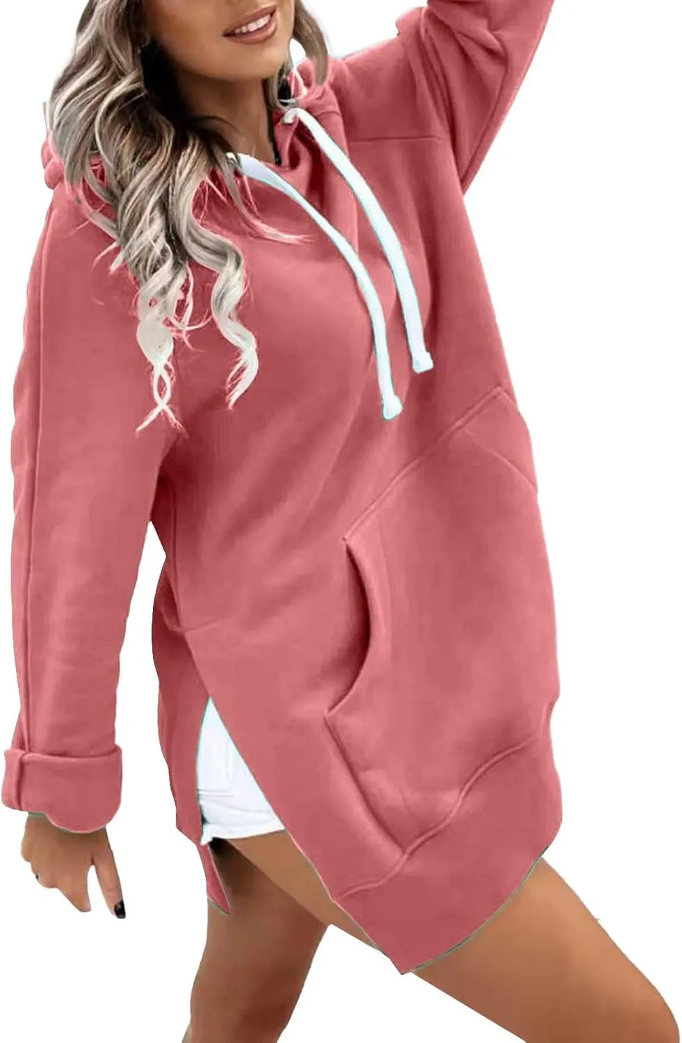 Oversized Hoodie Dress for Women Casual Warm Drawstring Long Sweatshirt with Pocket Fashion Split Hem Long Sleeve Hoodies