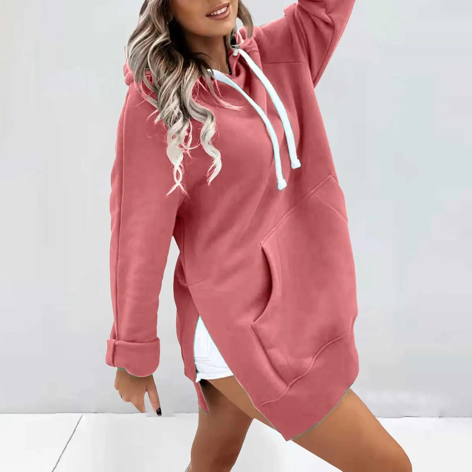 Oversized Hoodie Dress for Women Casual Warm Drawstring Long Sweatshirt with Pocket Fashion Split Hem Long Sleeve Hoodies