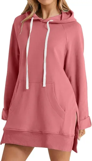 Oversized Hoodie Dress for Women Casual Warm Drawstring Long Sweatshirt with Pocket Fashion Split Hem Long Sleeve Hoodies