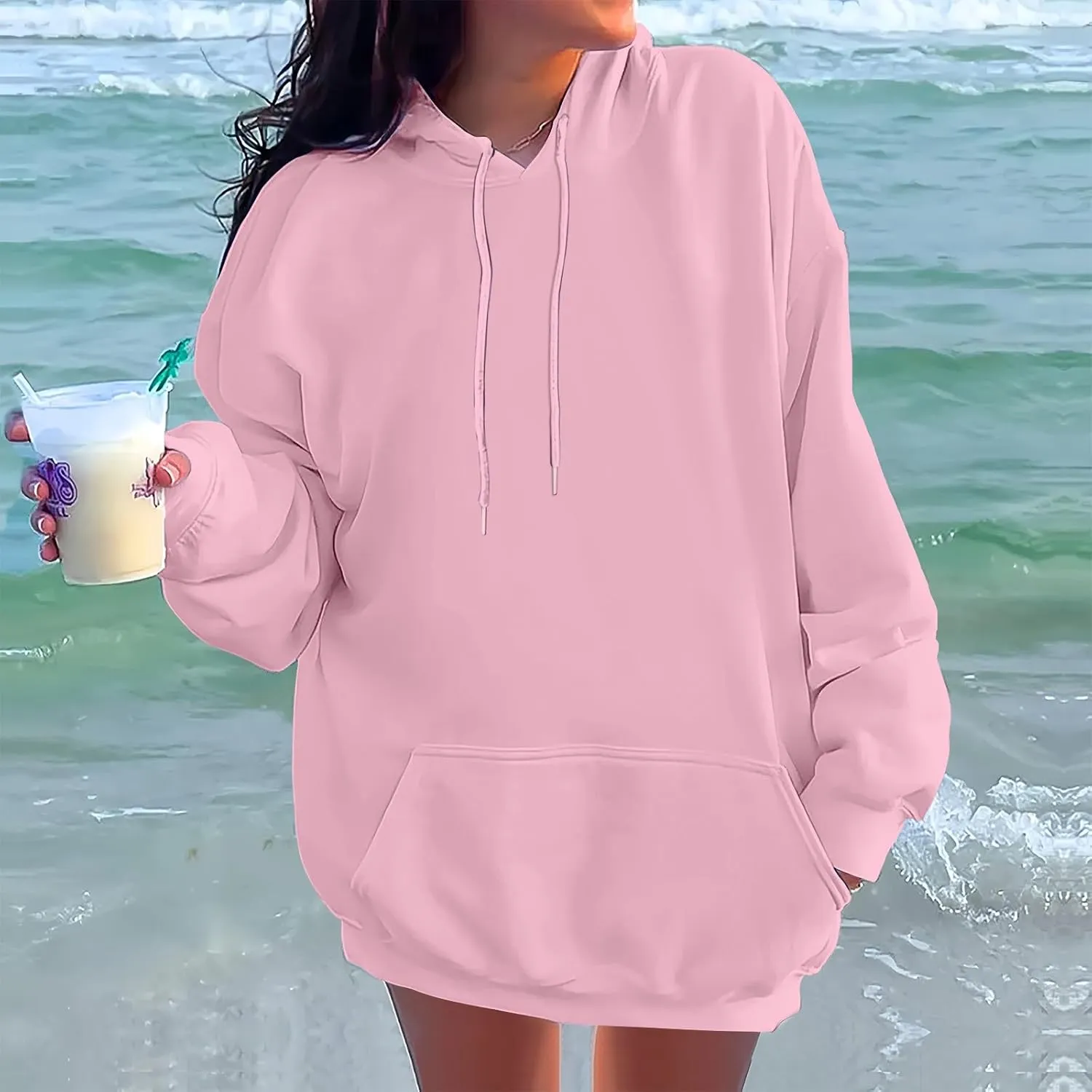 Oversized Hoodies for Women Fleece Plain Hooded Sweatshirts with Pocket Casual Long Sleeve Pullover Sweaters Y2k Tops