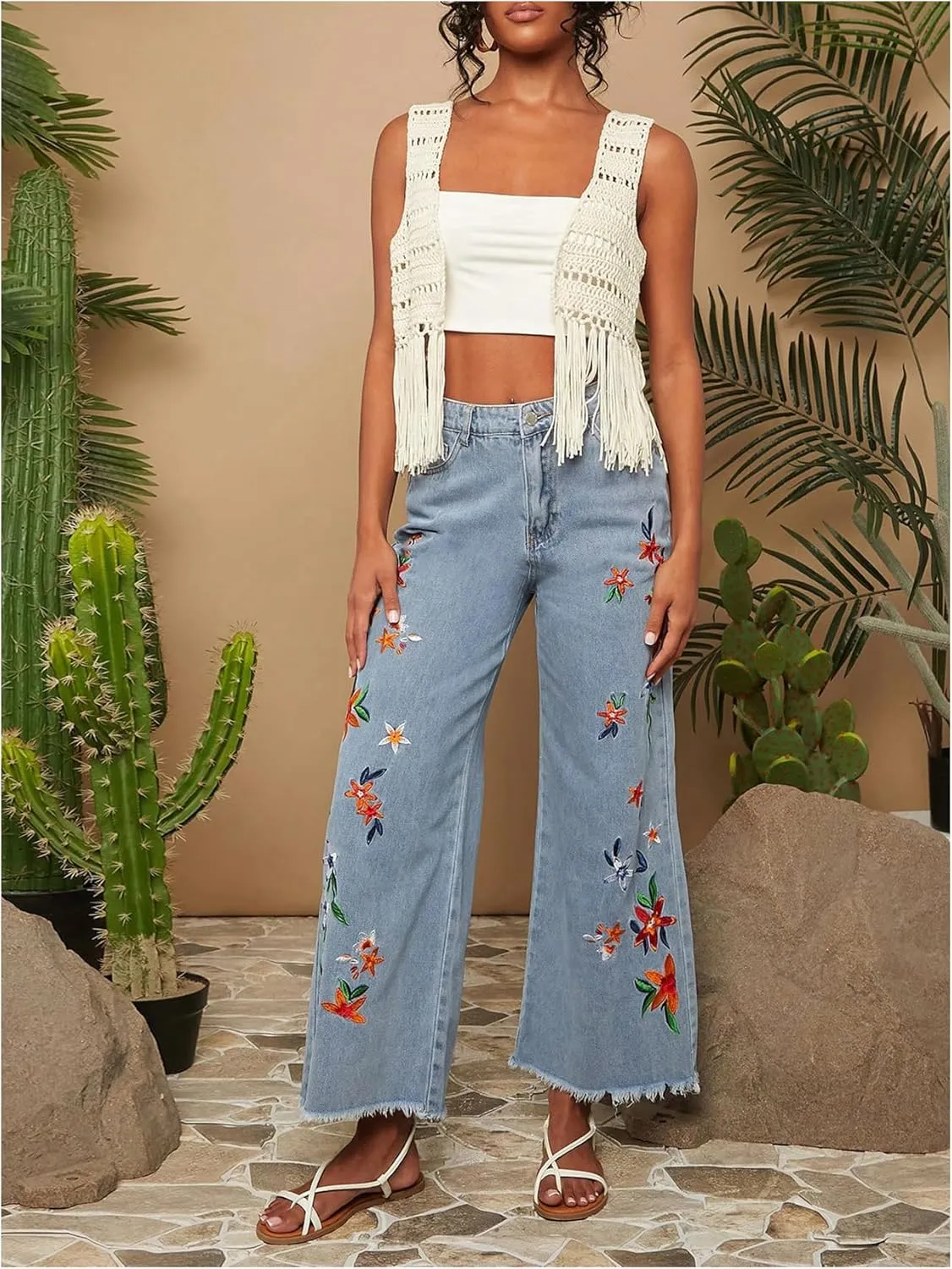 OYOANGLE Women's Boho Hollow Out Crochet Knit Sweater Vests Fringe Hem Casual Open Front Cardigan
