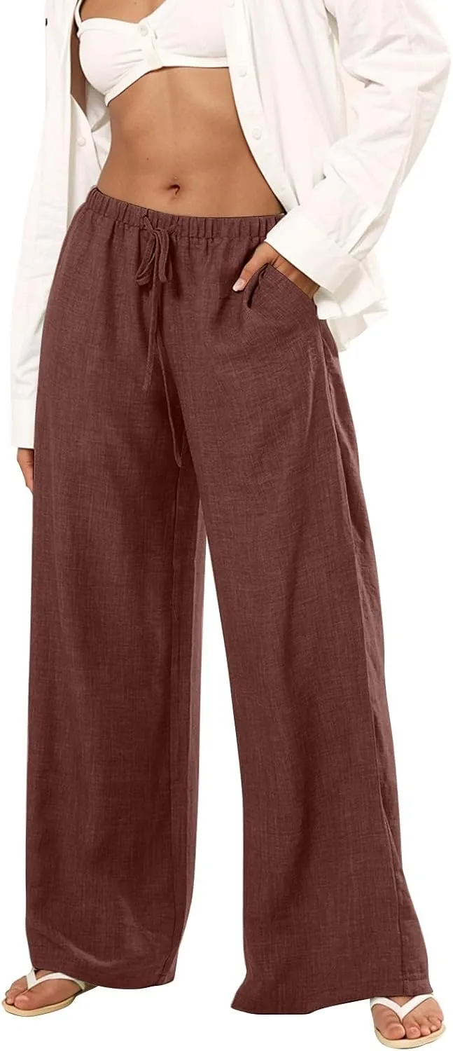 Palazzo Linen Pants Women Elastic High Waisted Wide Leg Beach Pants Casual Summer Loose Flowy Trousers with Pockets