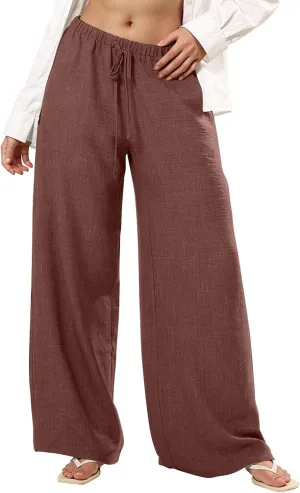 Palazzo Linen Pants Women Elastic High Waisted Wide Leg Beach Pants Casual Summer Loose Flowy Trousers with Pockets