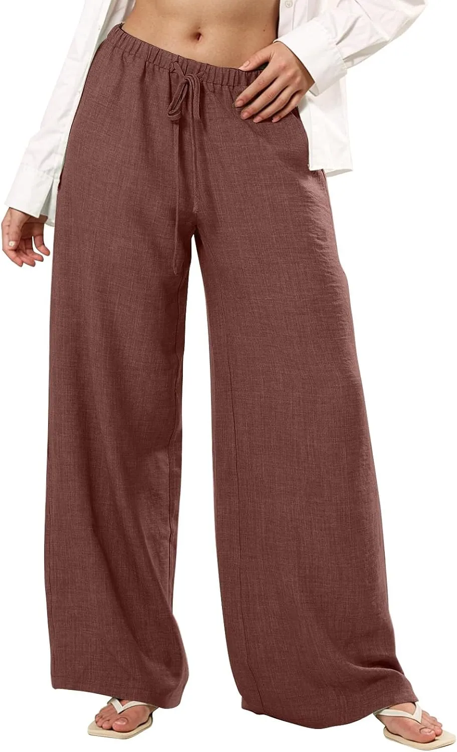 Palazzo Linen Pants Women Elastic High Waisted Wide Leg Beach Pants Casual Summer Loose Flowy Trousers with Pockets