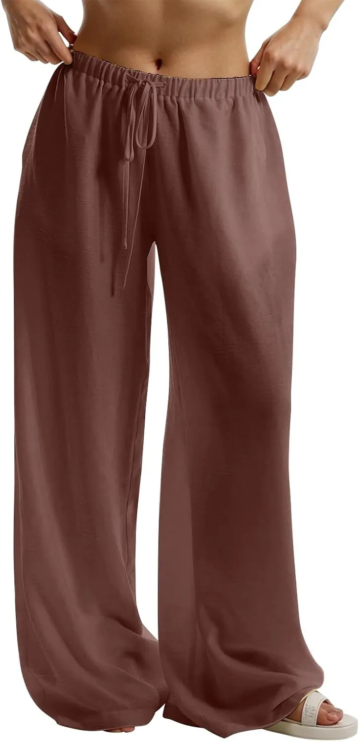 Palazzo Linen Pants Women Elastic High Waisted Wide Leg Beach Pants Casual Summer Loose Flowy Trousers with Pockets