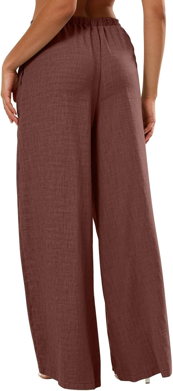 Palazzo Linen Pants Women Elastic High Waisted Wide Leg Beach Pants Casual Summer Loose Flowy Trousers with Pockets