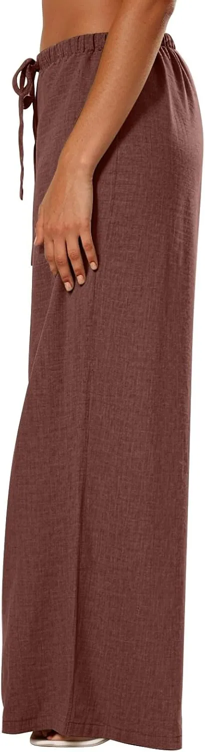 Palazzo Linen Pants Women Elastic High Waisted Wide Leg Beach Pants Casual Summer Loose Flowy Trousers with Pockets