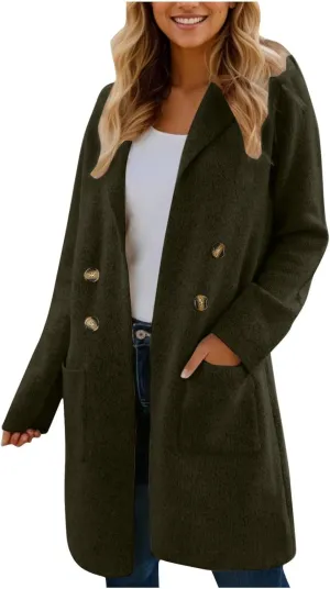 Pea Coats for Women Double Breasted Wool Blend Long Jackets Winter Classic Fitted Notch Lapel Collar Trench Coat