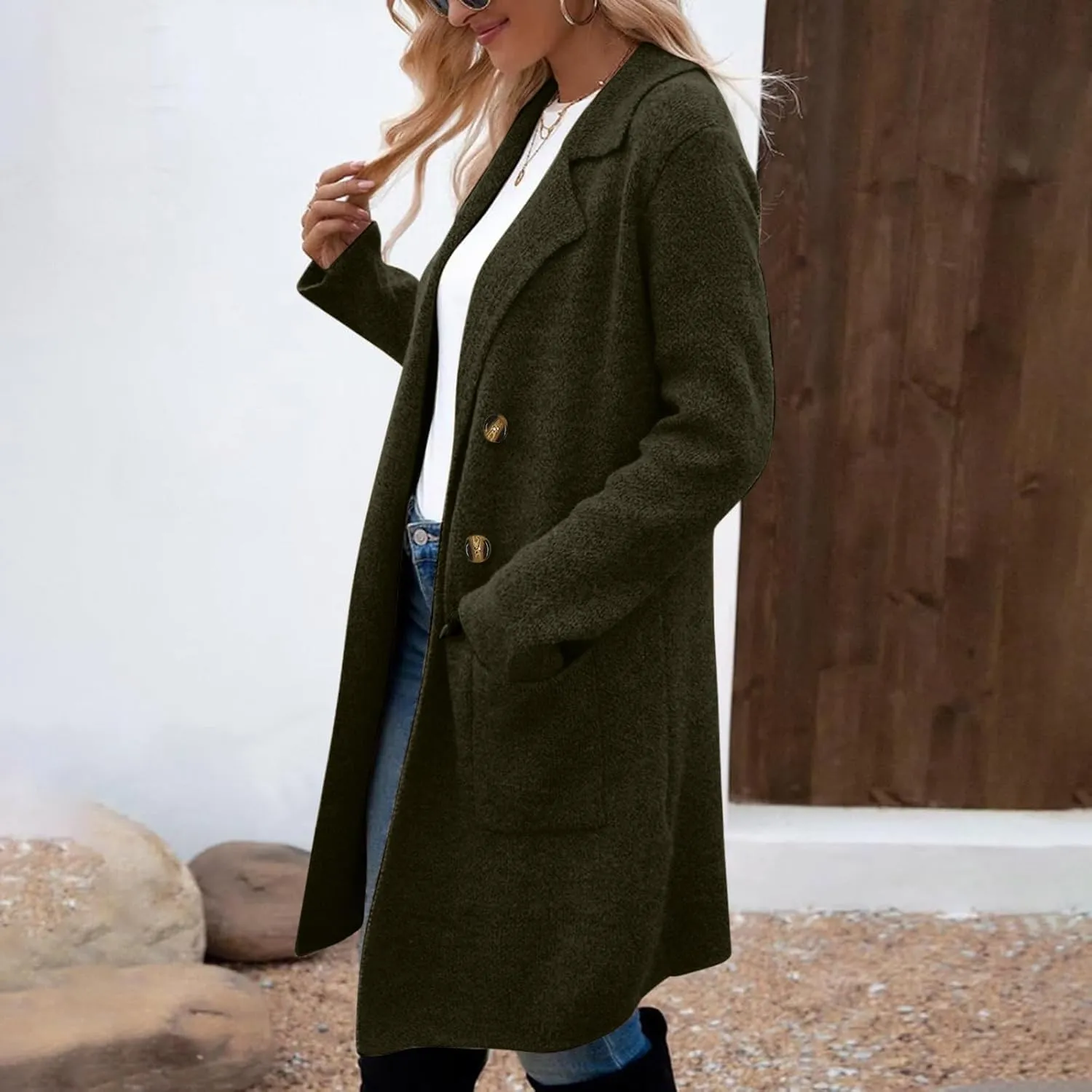 Pea Coats for Women Double Breasted Wool Blend Long Jackets Winter Classic Fitted Notch Lapel Collar Trench Coat
