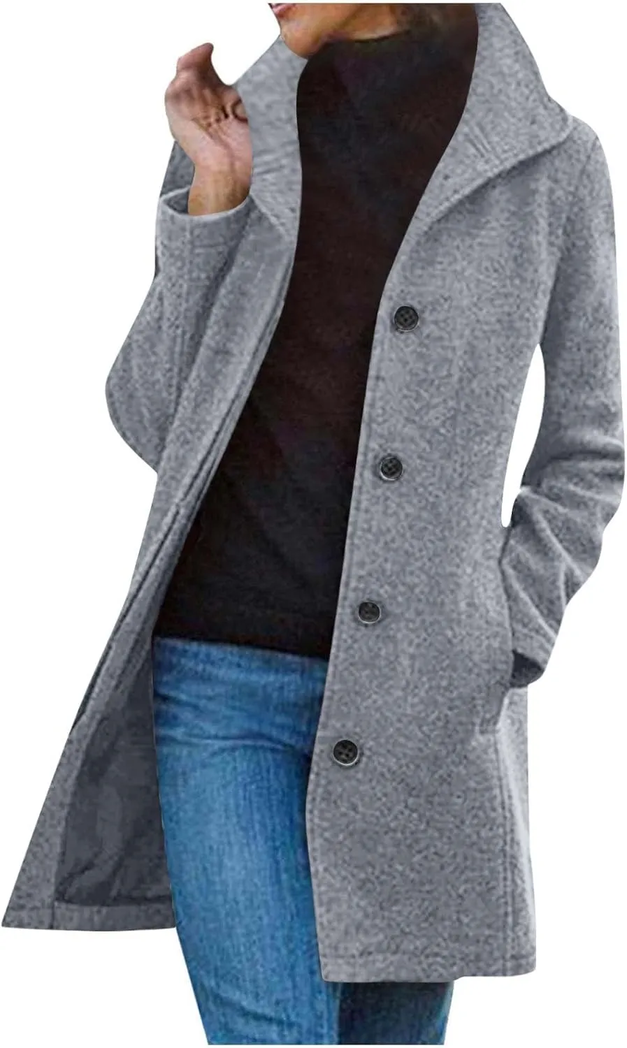 Pea Coats for Women Winter Wool Blend Trench Coat Single Breasted Mid-Thigh A-Line Pea Coat Overcoat with Pockets