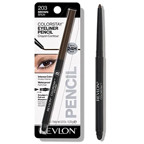 Pencil Eyeliner by Revlon, ColorStay Eye Makeup with Built-in Sharpener, Waterproof, Smudgeproof, Longwearing with Ultra-Fine Tip, 203 Brown, 0.01 Oz