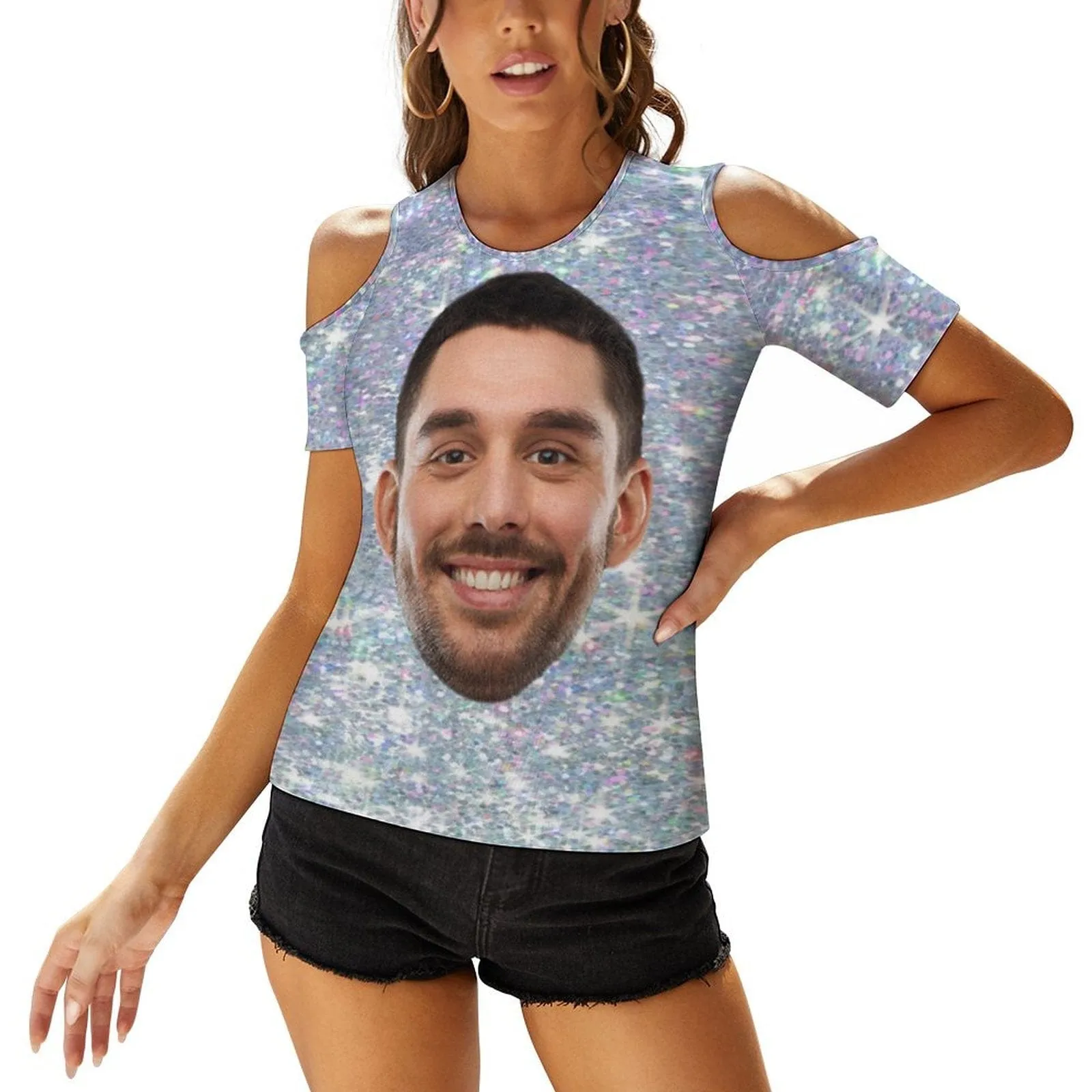 Personalized My Face on A Shirt Galaxy Off The Shoulder Round Neck Short Sleeve Top