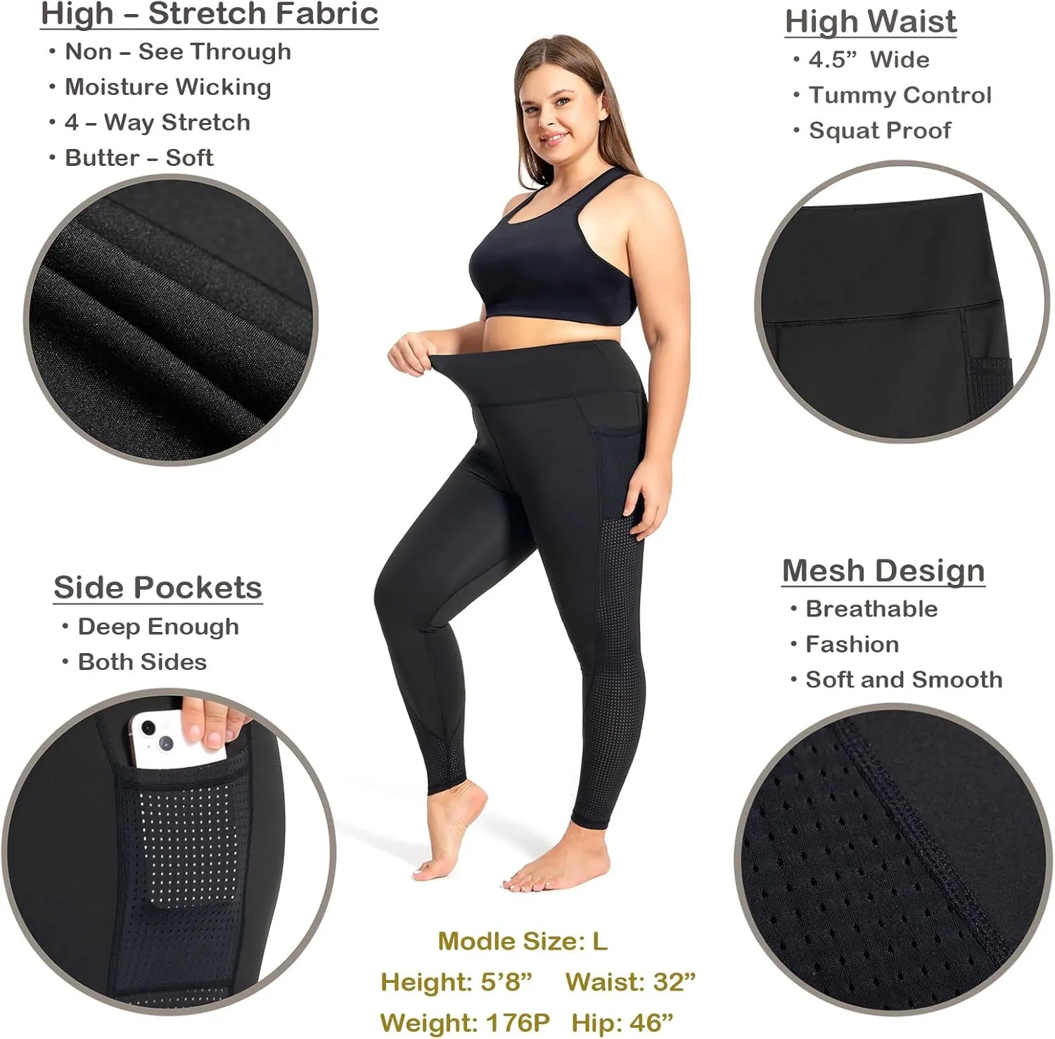 Plus Size Capri Leggings for Women with Pockets L-5X Workout Leggings Black Mesh Yoga Pants High Waisted Tummy Control