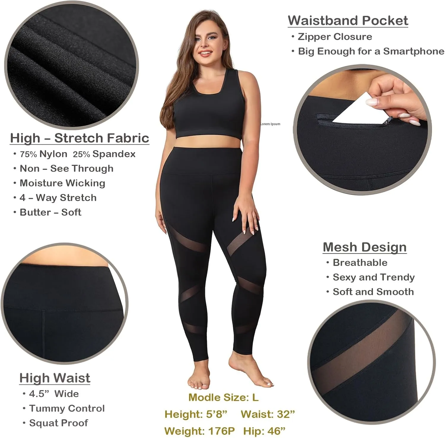 Plus Size Capri Leggings for Women with Pockets L-5X Workout Leggings Black Mesh Yoga Pants High Waisted Tummy Control