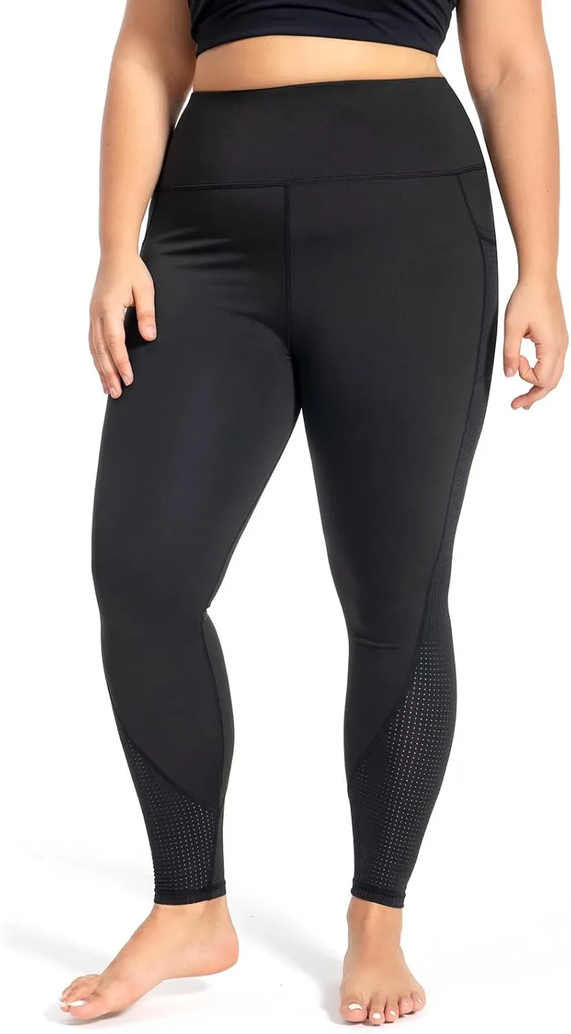 Plus Size Capri Leggings for Women with Pockets L-5X Workout Leggings Black Mesh Yoga Pants High Waisted Tummy Control