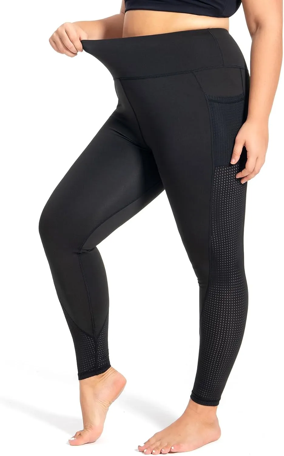 Plus Size Capri Leggings for Women with Pockets L-5X Workout Leggings Black Mesh Yoga Pants High Waisted Tummy Control