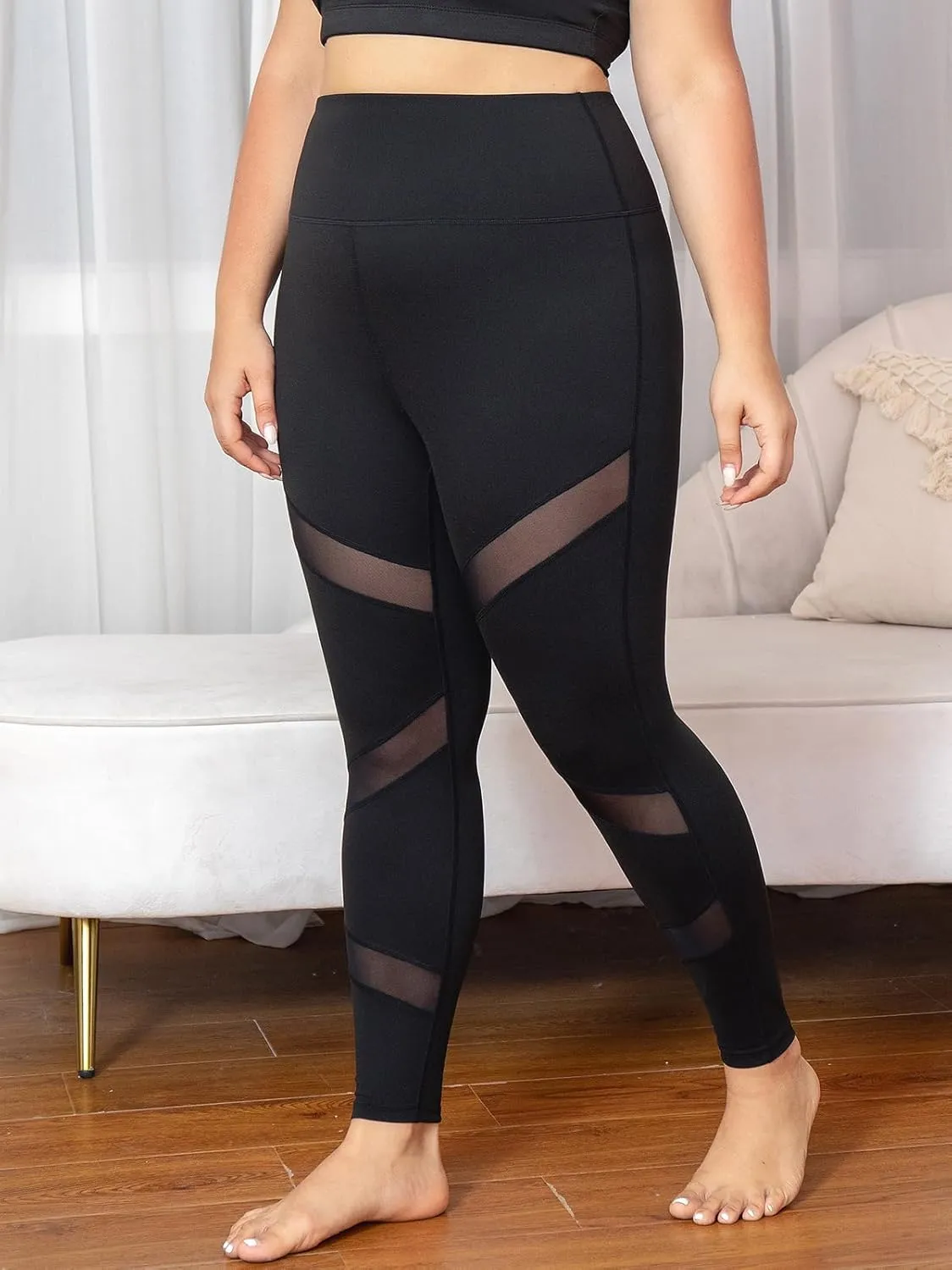 Plus Size Capri Leggings for Women with Pockets L-5X Workout Leggings Black Mesh Yoga Pants High Waisted Tummy Control