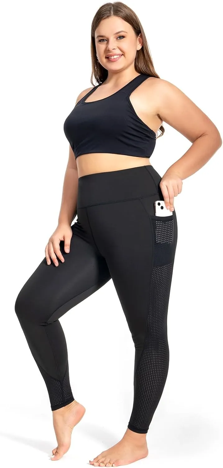 Plus Size Capri Leggings for Women with Pockets L-5X Workout Leggings Black Mesh Yoga Pants High Waisted Tummy Control