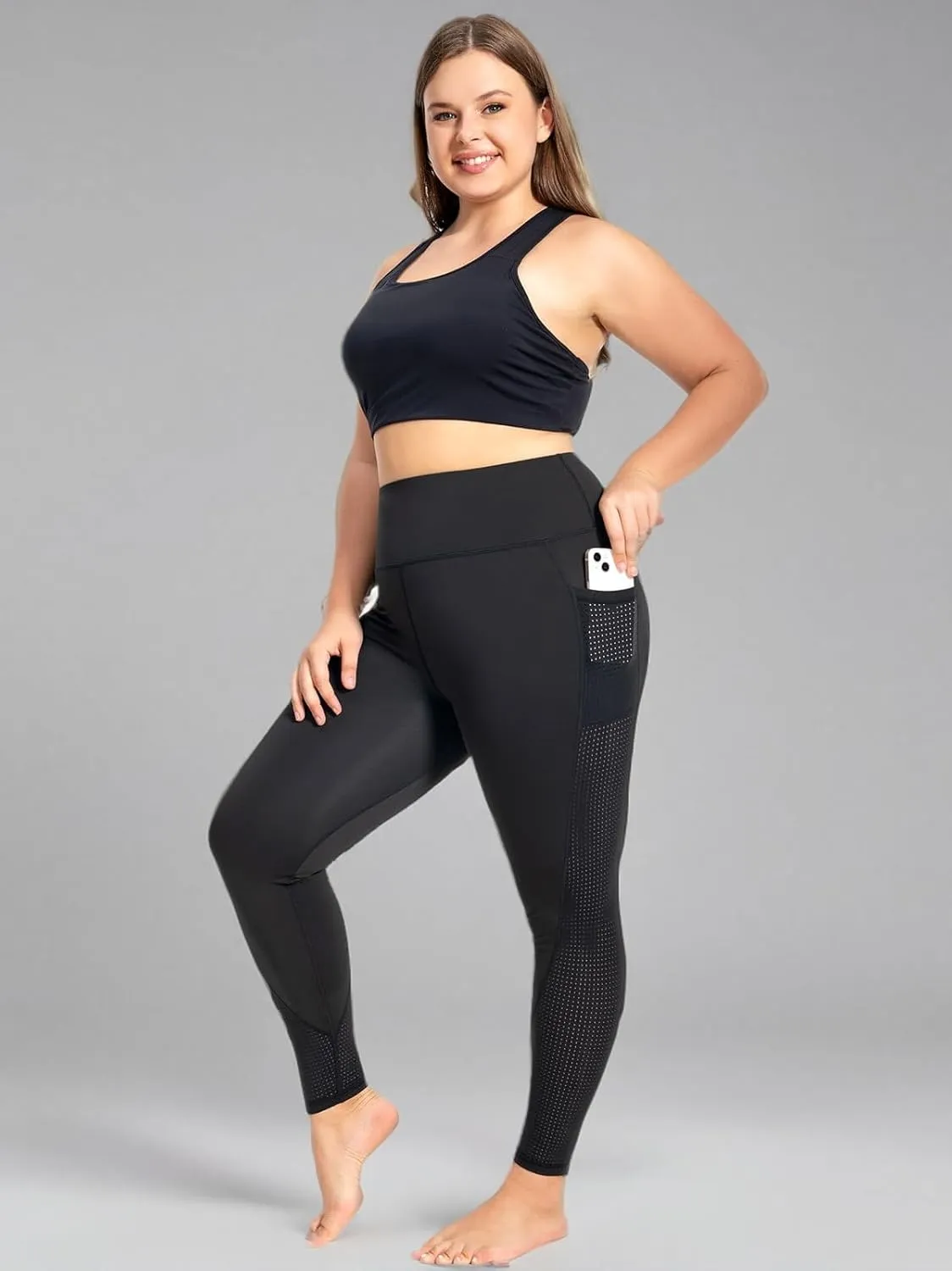 Plus Size Capri Leggings for Women with Pockets L-5X Workout Leggings Black Mesh Yoga Pants High Waisted Tummy Control