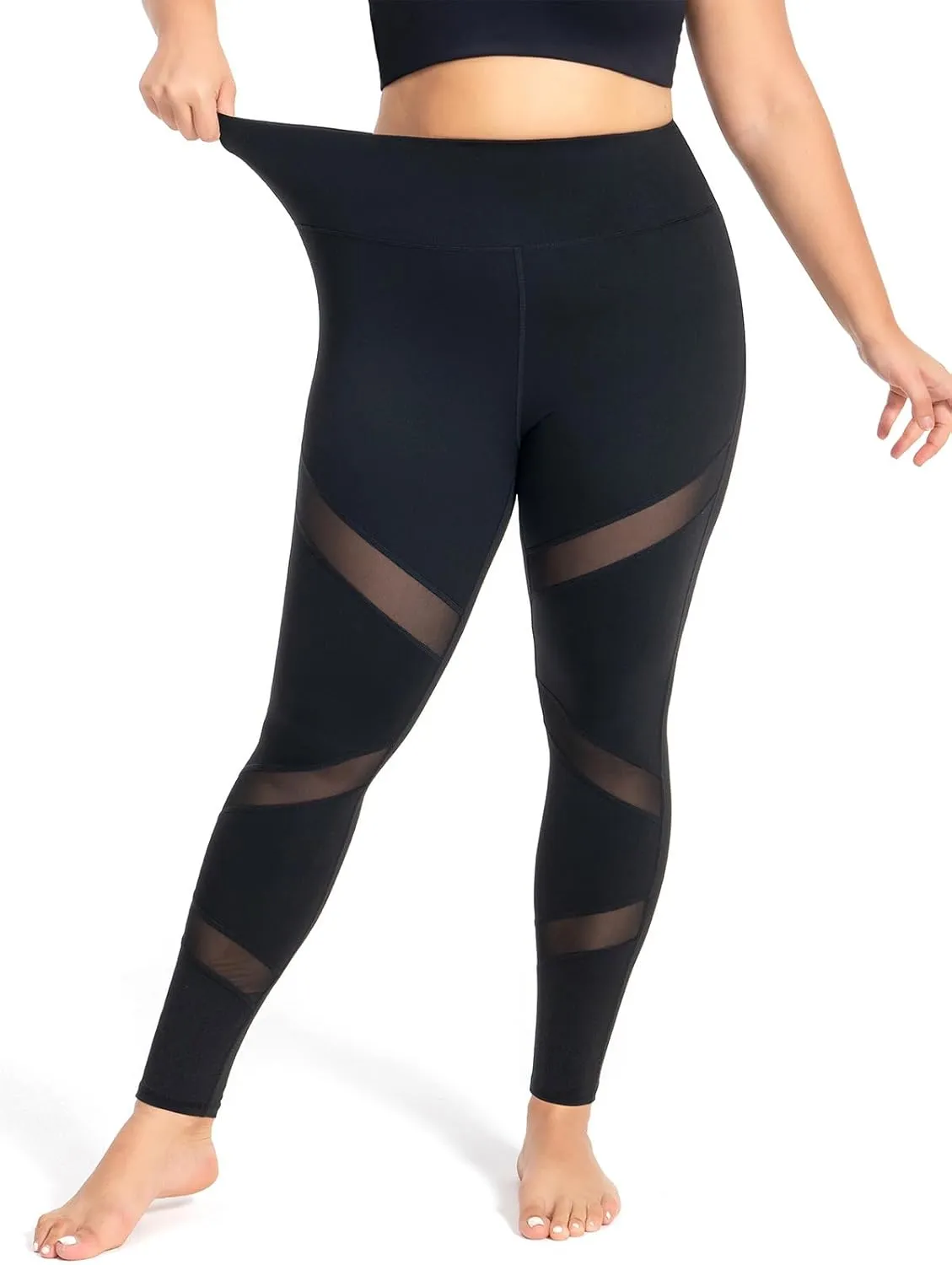 Plus Size Capri Leggings for Women with Pockets L-5X Workout Leggings Black Mesh Yoga Pants High Waisted Tummy Control