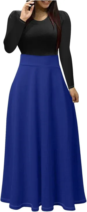Plus Size Formal Dresses for Women Elegant Long Sleeve Color Block Elastic Waist Maxi Dress Causal Slim Ruffle Dress