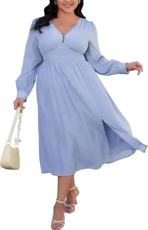 Plus Size Midi Dress for Curvy Women Long Sleeve V Neck Summer Casual Dress Flowy Empire Waist Slit Dresses Blue