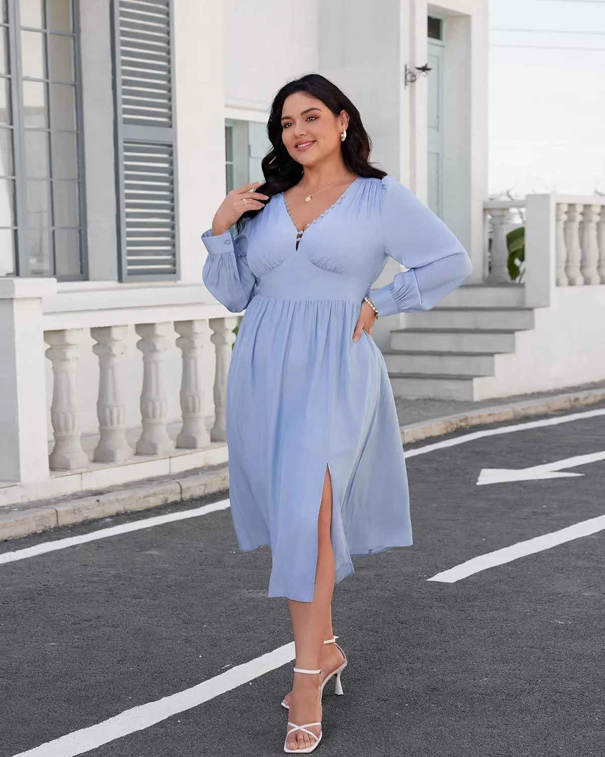 Plus Size Midi Dress for Curvy Women Long Sleeve V Neck Summer Casual Dress Flowy Empire Waist Slit Dresses Blue