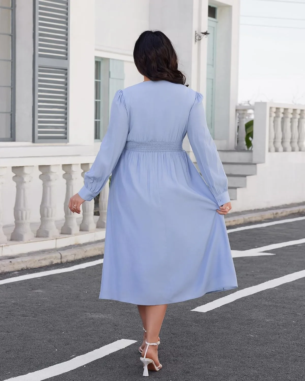 Plus Size Midi Dress for Curvy Women Long Sleeve V Neck Summer Casual Dress Flowy Empire Waist Slit Dresses Blue