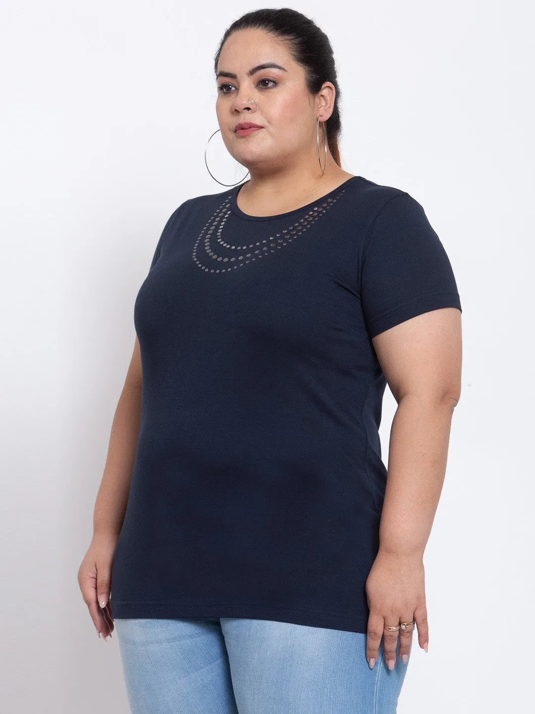 Plus Size Navy Blue Solid Round Neck Cotton T-shirt with Embellished Detail