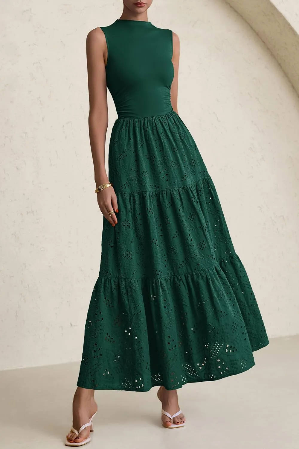 PRETTYGARDEN Summer Dresses for Women 2025 Casual Eyelet Sleeveless Wedding Guest Maxi Dress Tank Top Sundress with Pockets