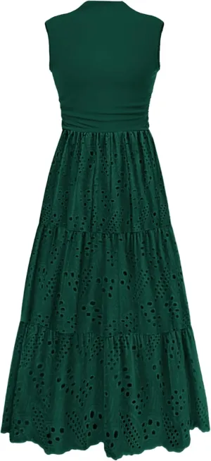 PRETTYGARDEN Summer Dresses for Women 2025 Casual Eyelet Sleeveless Wedding Guest Maxi Dress Tank Top Sundress with Pockets