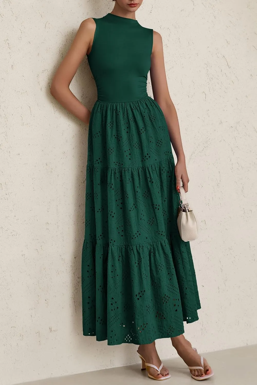 PRETTYGARDEN Summer Dresses for Women 2025 Casual Eyelet Sleeveless Wedding Guest Maxi Dress Tank Top Sundress with Pockets