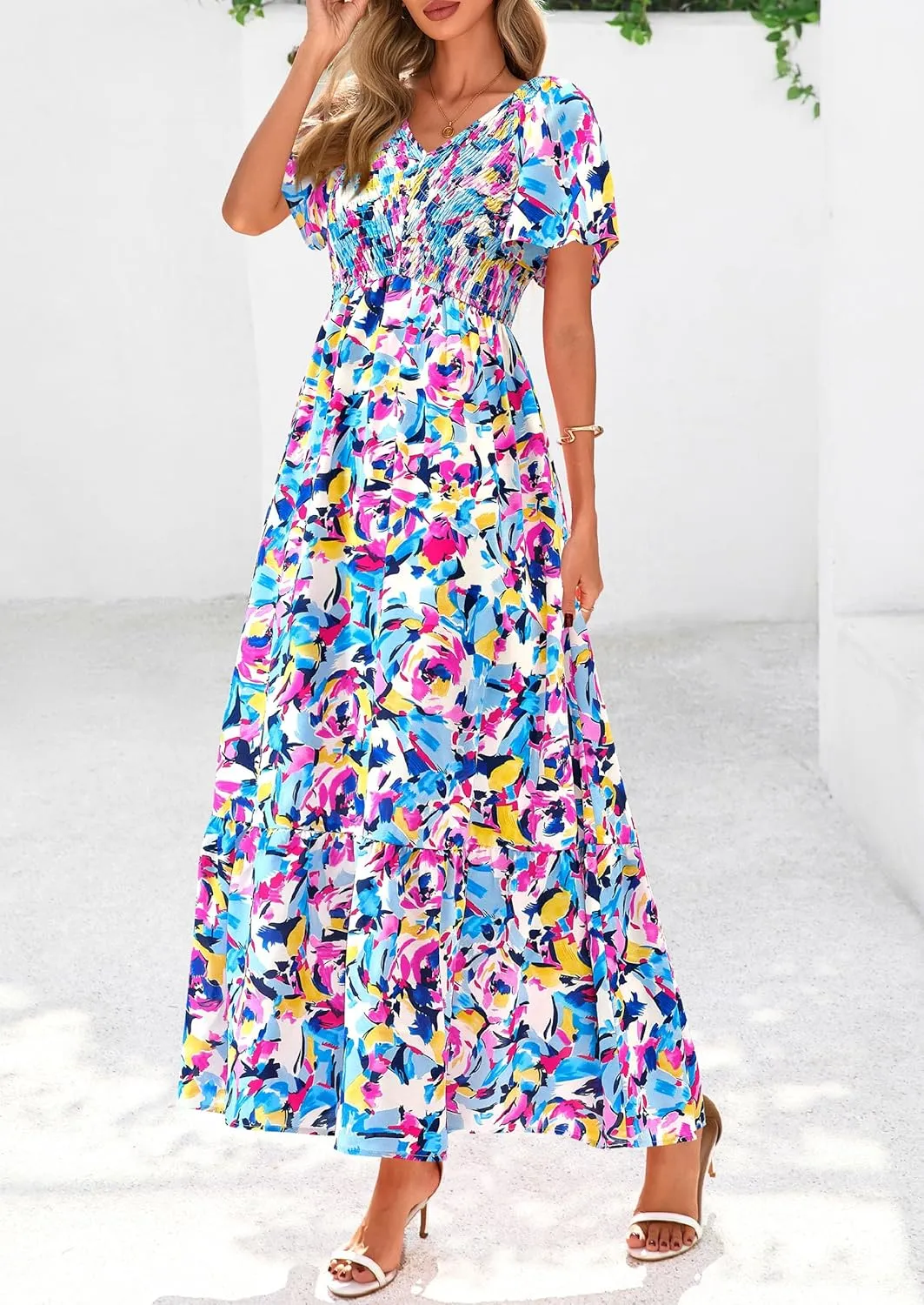 PRETTYGARDEN Women Floral Boho Maxi Dresses Summer Short Sleeve V Neck Smocked A Line Long Flowy Beach Vacation Dress