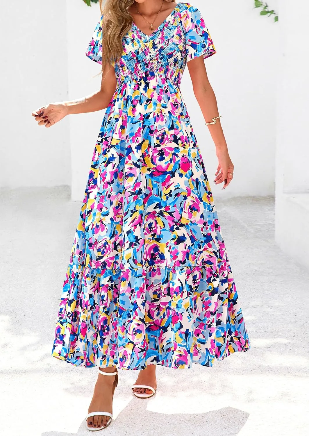 PRETTYGARDEN Women Floral Boho Maxi Dresses Summer Short Sleeve V Neck Smocked A Line Long Flowy Beach Vacation Dress
