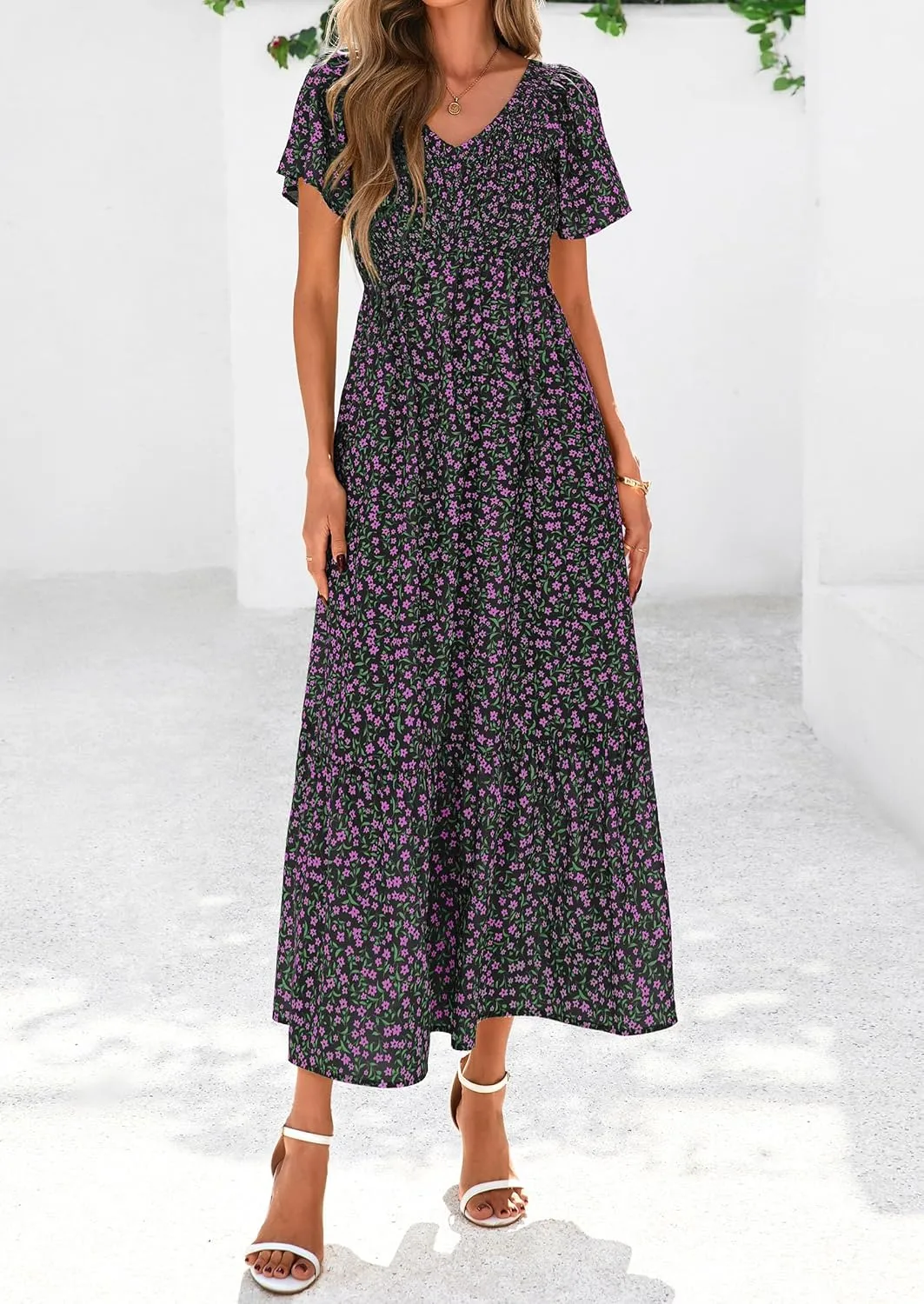 PRETTYGARDEN Women Floral Boho Maxi Dresses Summer Short Sleeve V Neck Smocked A Line Long Flowy Beach Vacation Dress