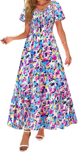 PRETTYGARDEN Women Floral Boho Maxi Dresses Summer Short Sleeve V Neck Smocked A Line Long Flowy Beach Vacation Dress