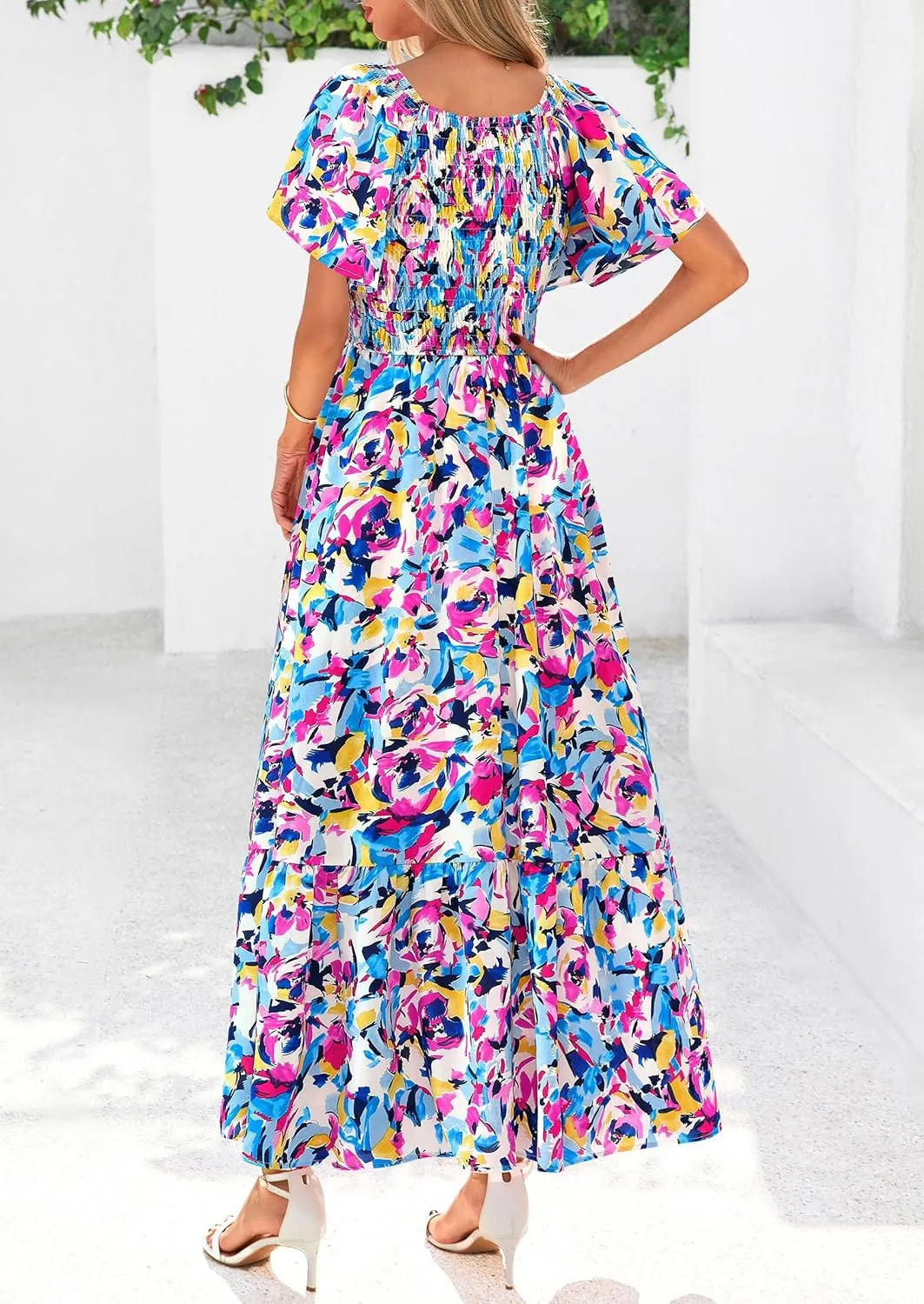 PRETTYGARDEN Women Floral Boho Maxi Dresses Summer Short Sleeve V Neck Smocked A Line Long Flowy Beach Vacation Dress
