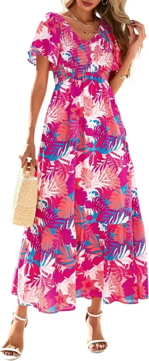 PRETTYGARDEN Women Floral Boho Maxi Dresses Summer Short Sleeve V Neck Smocked A Line Long Flowy Beach Vacation Dress