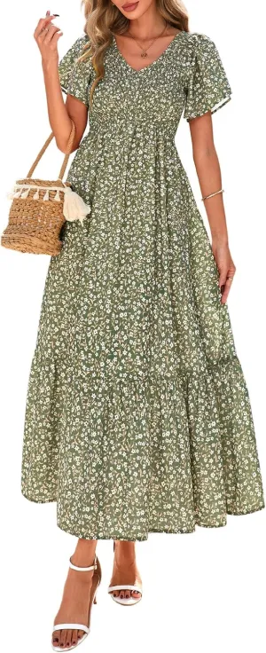 PRETTYGARDEN Women Floral Boho Maxi Dresses Summer Short Sleeve V Neck Smocked A Line Long Flowy Beach Vacation Dress