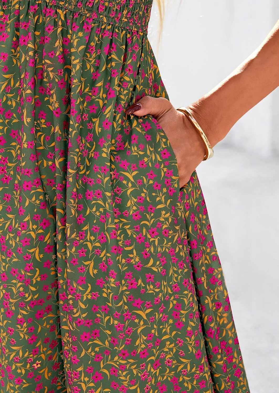 PRETTYGARDEN Women Floral Boho Maxi Dresses Summer Short Sleeve V Neck Smocked A Line Long Flowy Beach Vacation Dress