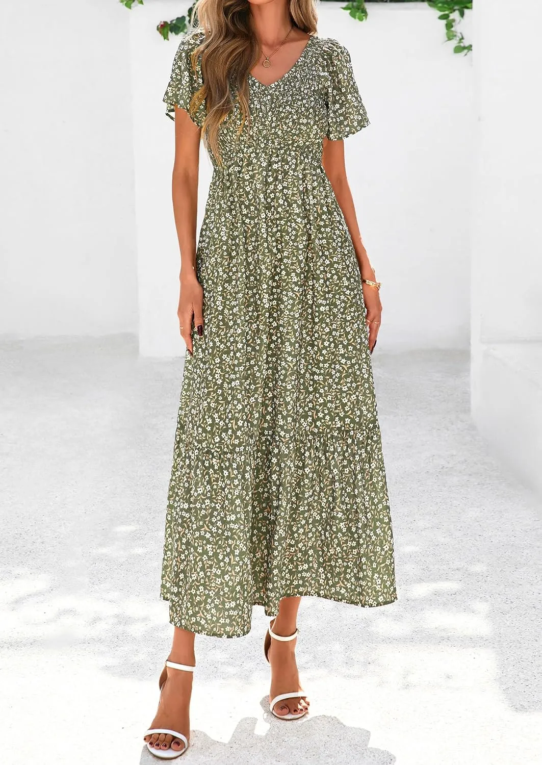 PRETTYGARDEN Women Floral Boho Maxi Dresses Summer Short Sleeve V Neck Smocked A Line Long Flowy Beach Vacation Dress