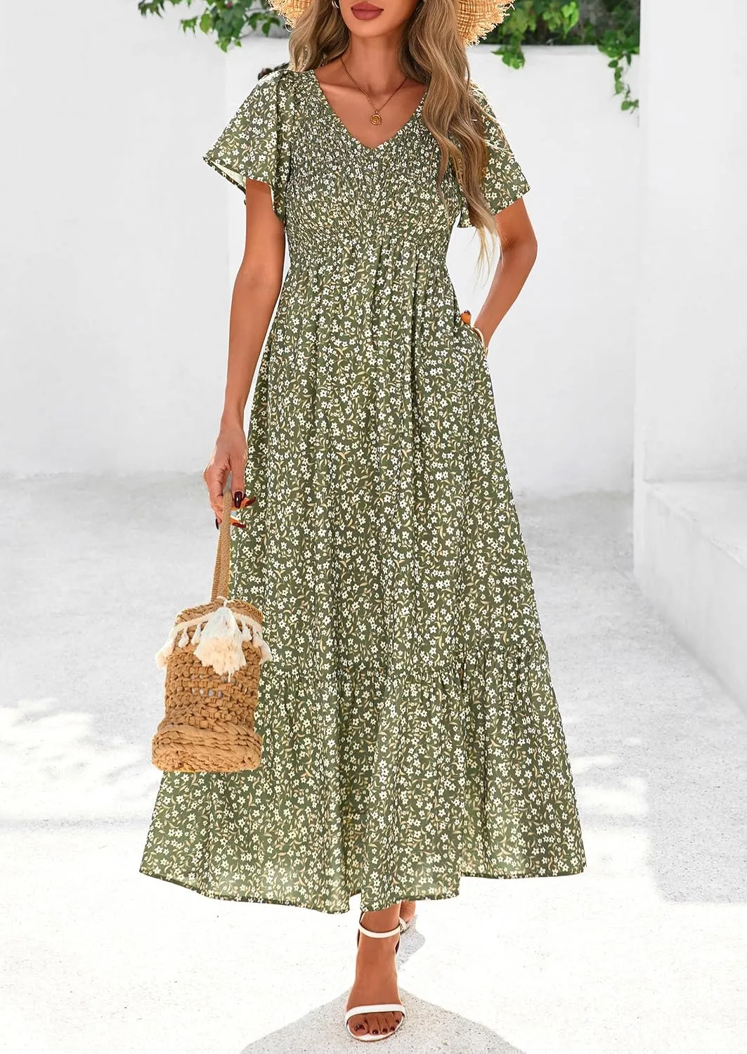 PRETTYGARDEN Women Floral Boho Maxi Dresses Summer Short Sleeve V Neck Smocked A Line Long Flowy Beach Vacation Dress