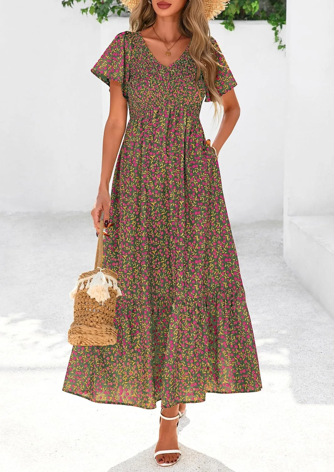 PRETTYGARDEN Women Floral Boho Maxi Dresses Summer Short Sleeve V Neck Smocked A Line Long Flowy Beach Vacation Dress