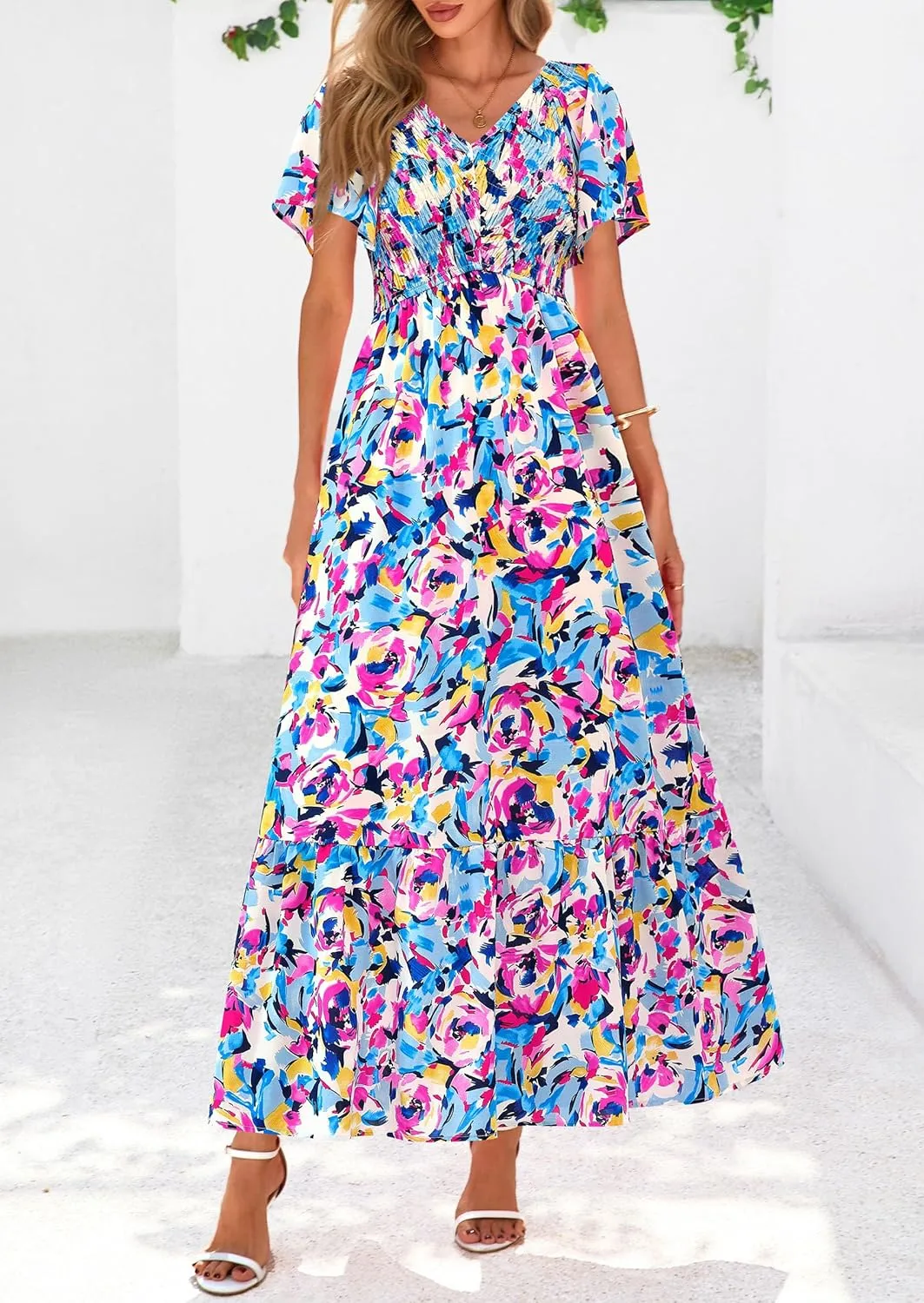 PRETTYGARDEN Women Floral Boho Maxi Dresses Summer Short Sleeve V Neck Smocked A Line Long Flowy Beach Vacation Dress
