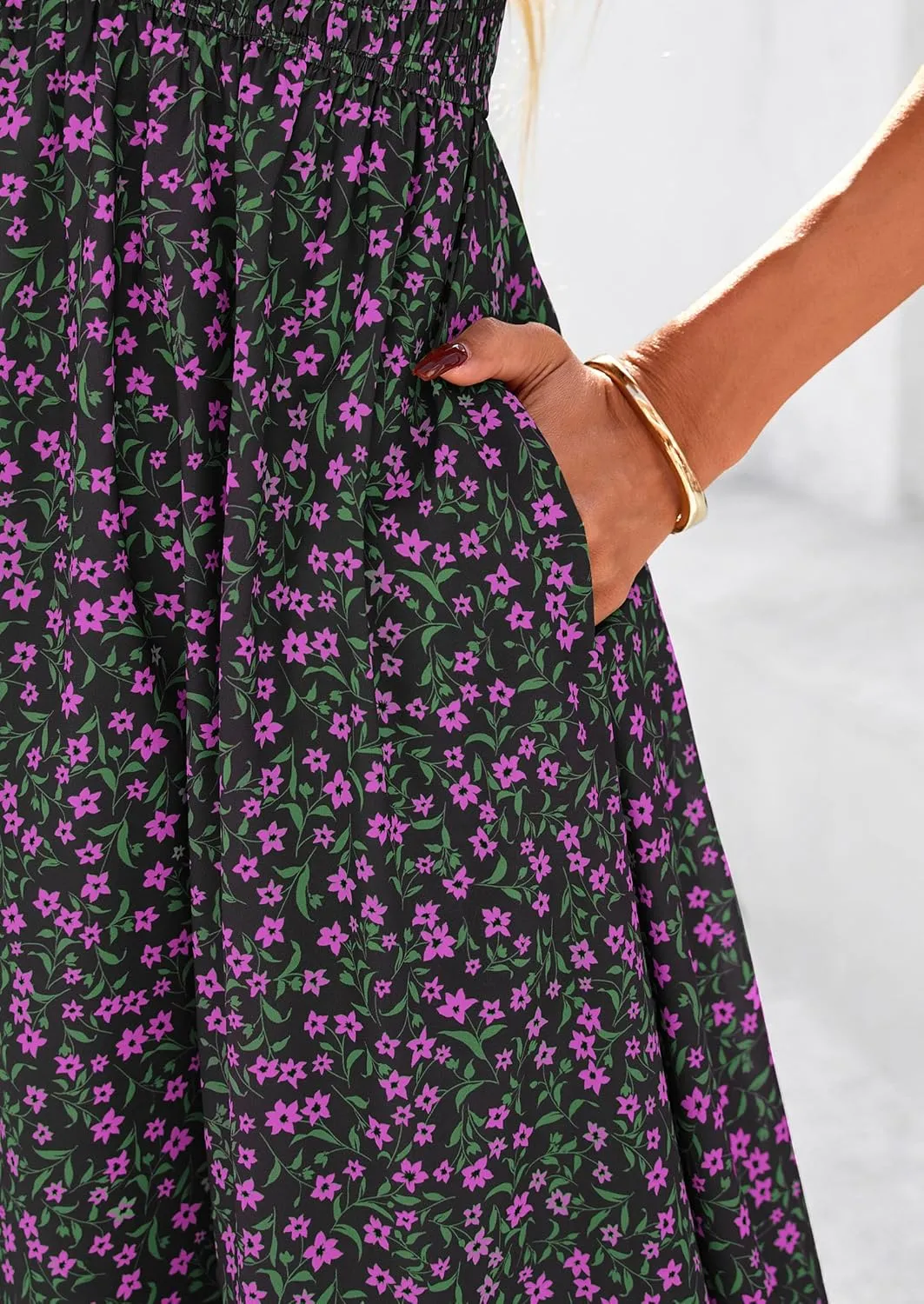 PRETTYGARDEN Women Floral Boho Maxi Dresses Summer Short Sleeve V Neck Smocked A Line Long Flowy Beach Vacation Dress