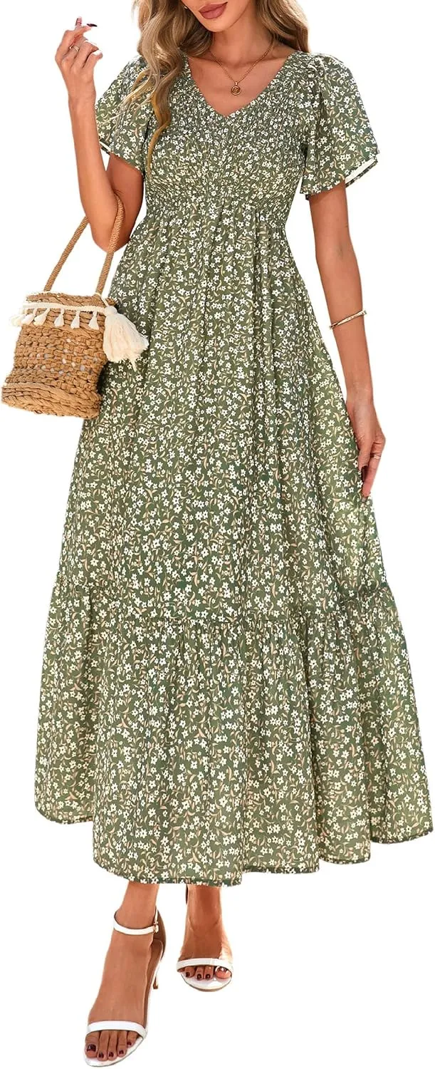 PRETTYGARDEN Women Floral Boho Maxi Dresses Summer Short Sleeve V Neck Smocked A Line Long Flowy Beach Vacation Dress