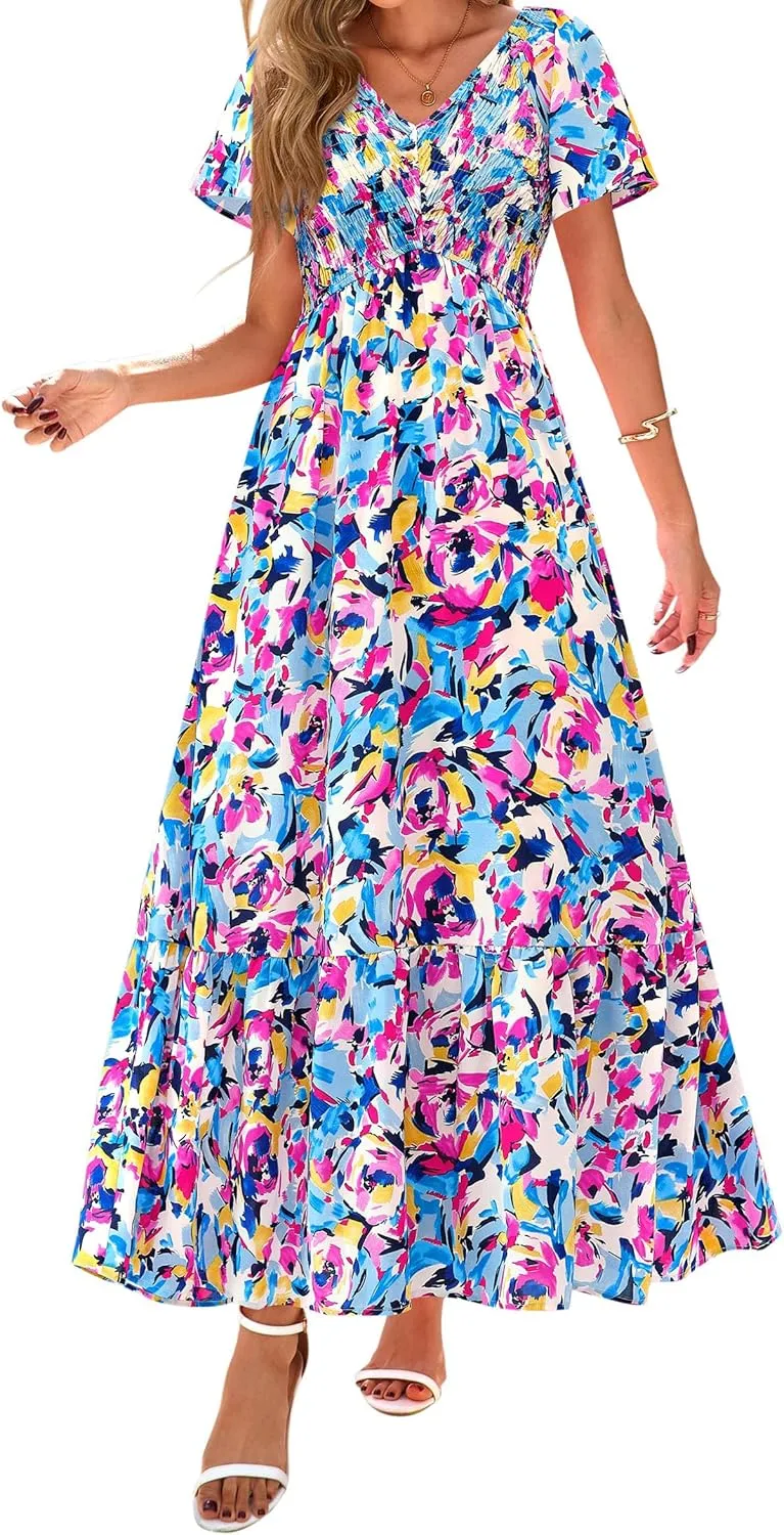 PRETTYGARDEN Women Floral Boho Maxi Dresses Summer Short Sleeve V Neck Smocked A Line Long Flowy Beach Vacation Dress