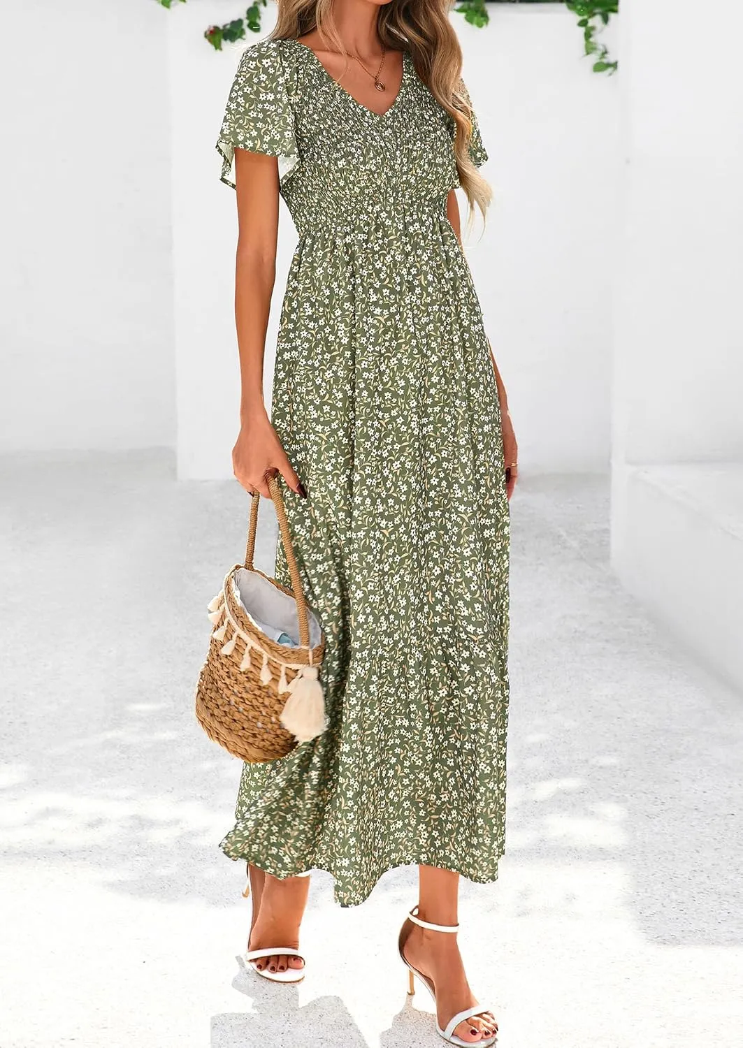 PRETTYGARDEN Women Floral Boho Maxi Dresses Summer Short Sleeve V Neck Smocked A Line Long Flowy Beach Vacation Dress
