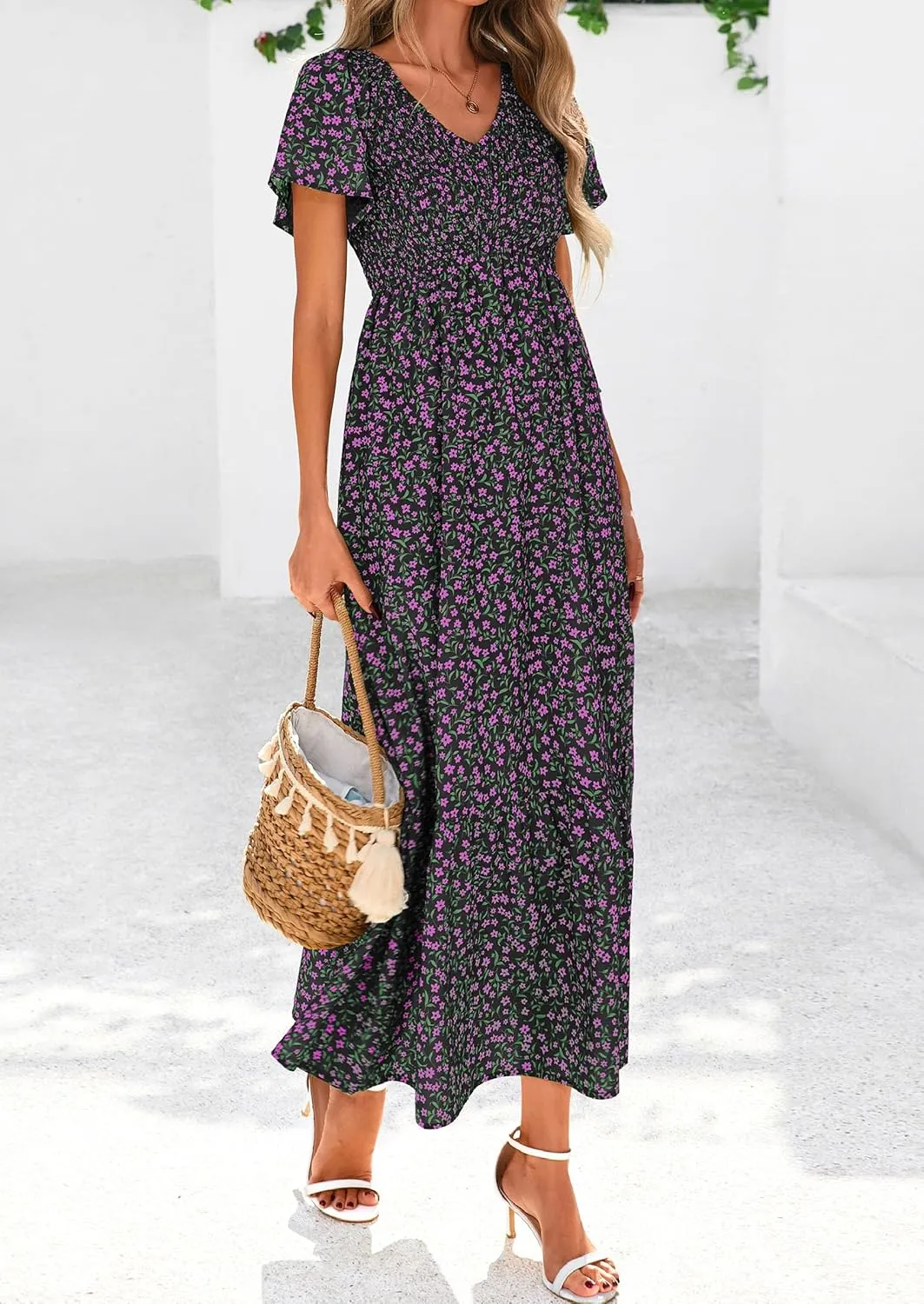 PRETTYGARDEN Women Floral Boho Maxi Dresses Summer Short Sleeve V Neck Smocked A Line Long Flowy Beach Vacation Dress