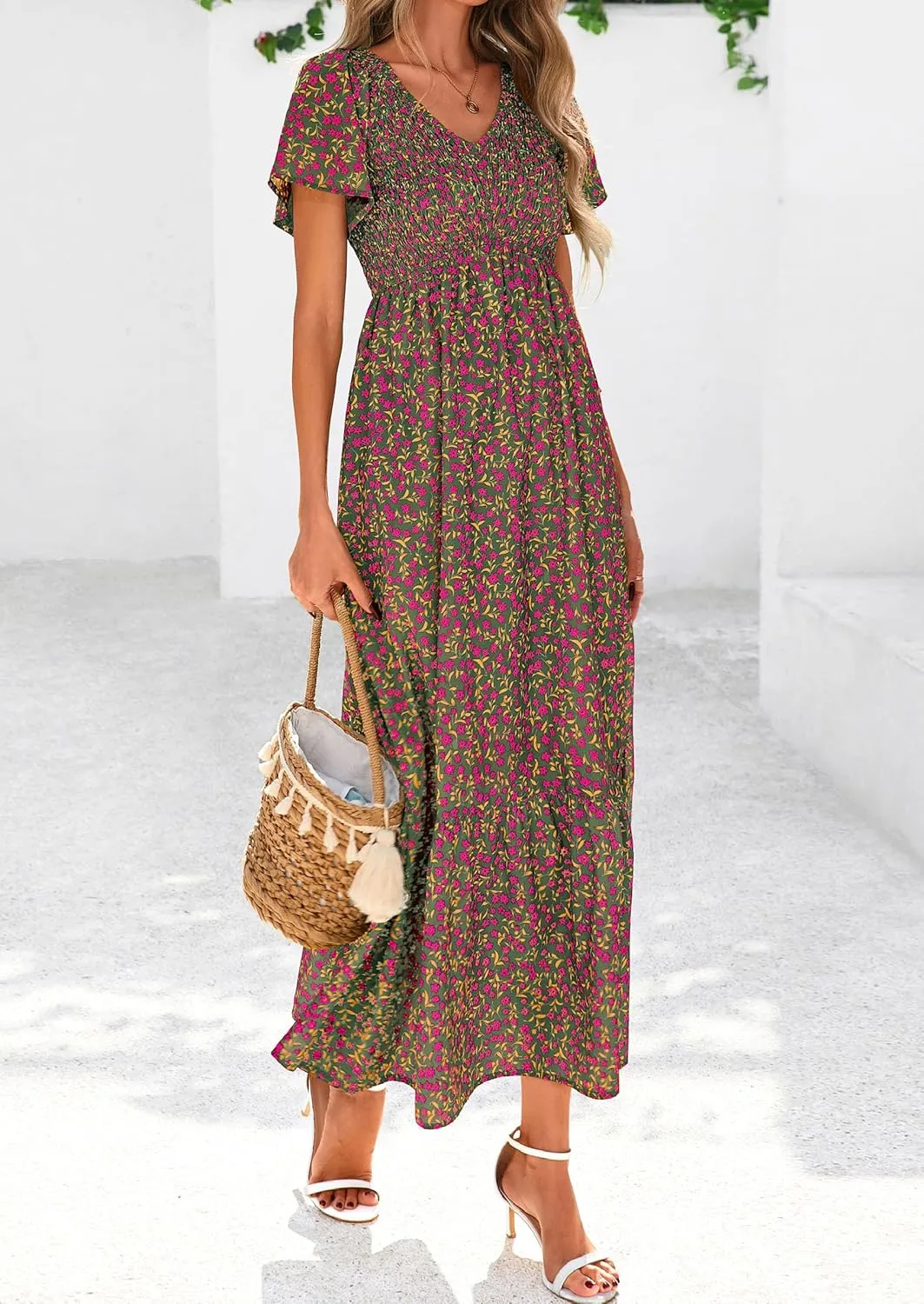 PRETTYGARDEN Women Floral Boho Maxi Dresses Summer Short Sleeve V Neck Smocked A Line Long Flowy Beach Vacation Dress